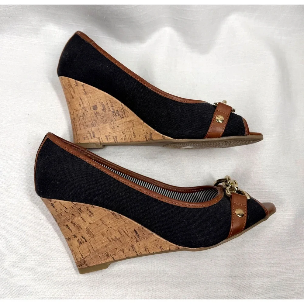 Tommy Hilfiger Canvas Horsebit Cork Wedge Peep Toe Heels Black Brown Sz 6.5 NWOB